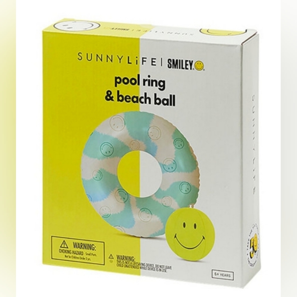 SUNNYLIFE Tie Dye Pool Ring Floatie and Beach Ball Smiley Set 2 Pieces BRAND NEW